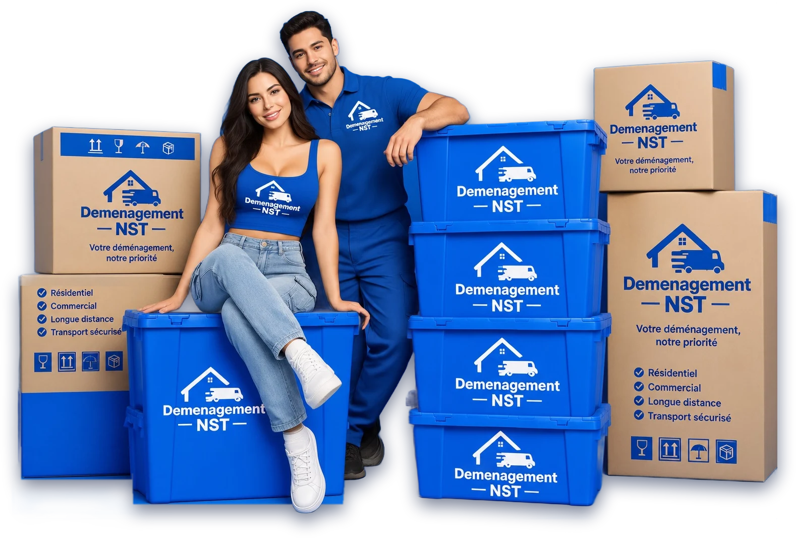 Déménagement NST movers team with branded moving boxes and crates in Montreal